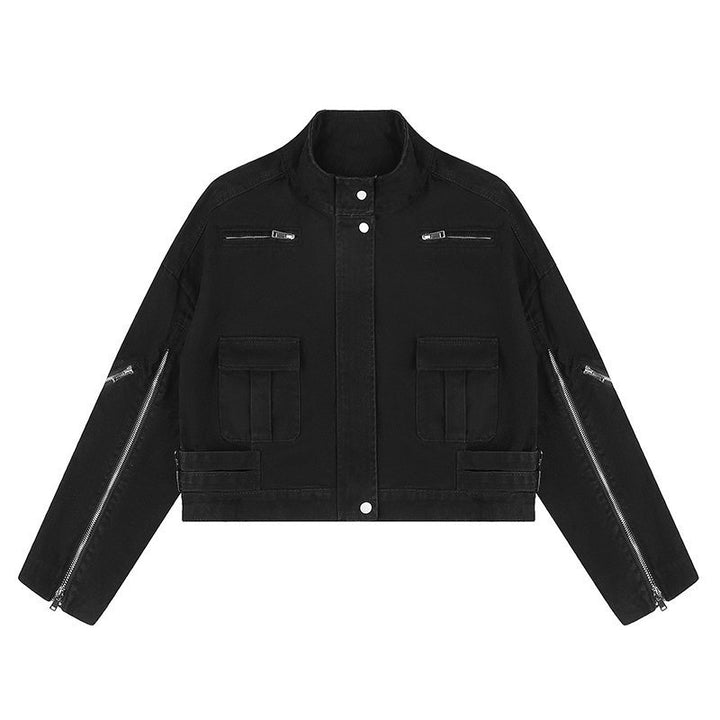 Women's Cropped Utility Jacket with Stand Collar, Multiple Pockets and Zip Sleeves Amarae