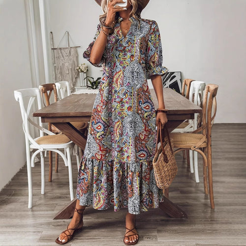 Women's maxi dress with colorful Paisley pattern and fashionable ruffle Amarae
