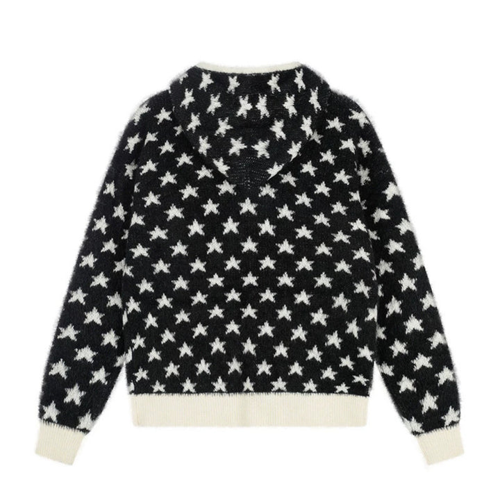 Women Fluffy Knit Zip Jacket with Allover Star Pattern, Kangaroo Pockets and Ribbed Cuffs Amarae