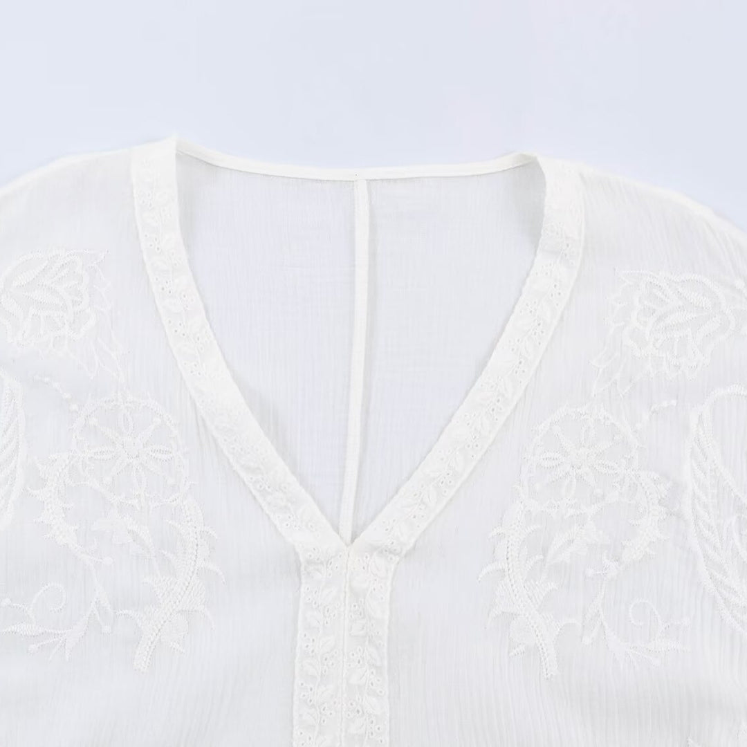 Women's Embroidered Kaftan Top with V-Neck and Wide Batwing Sleeves Amarae