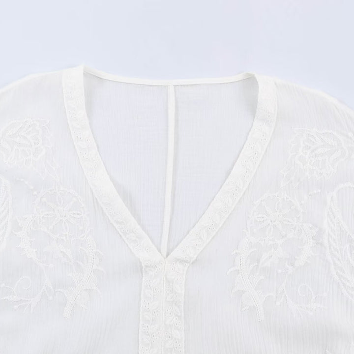 Women's Embroidered Kaftan Top with V-Neck and Wide Batwing Sleeves Amarae