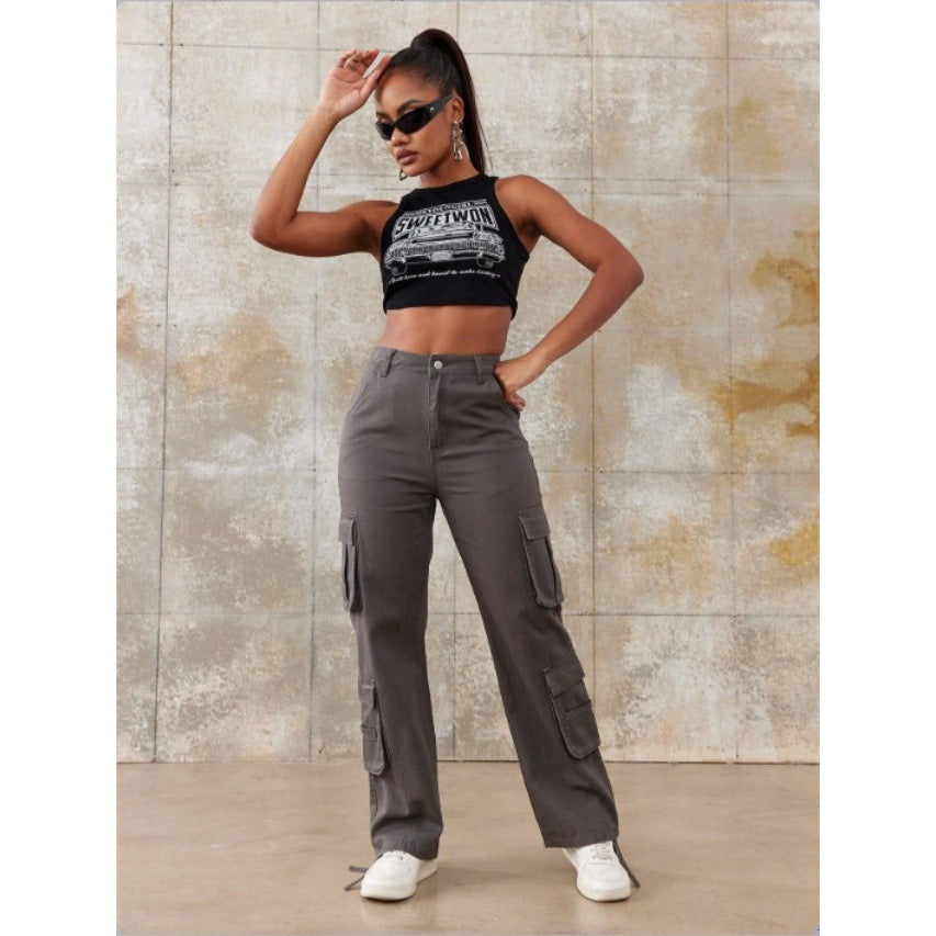 Women High-Waisted Utility Cargo Pants with Straight Leg, Multiple Flap Pockets & Adjustable Hem Amarae
