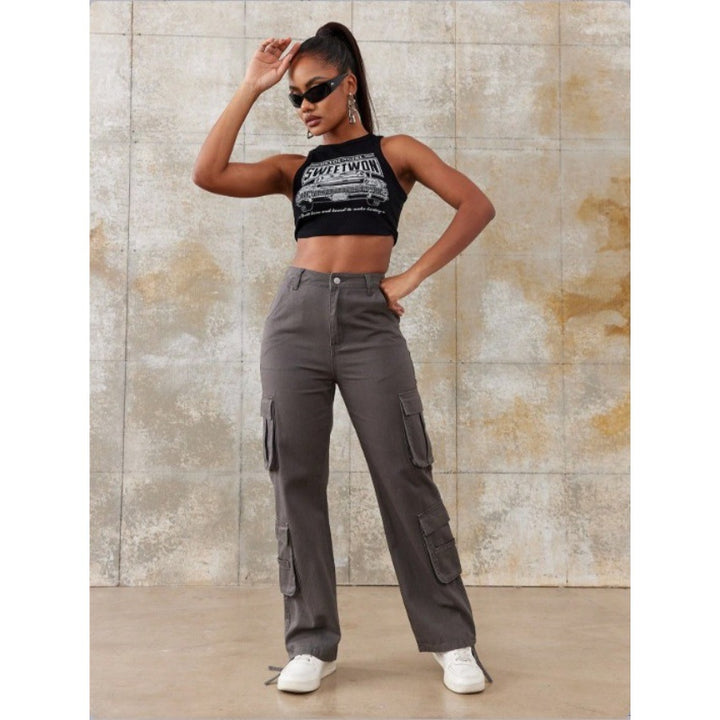 Women High-Waisted Utility Cargo Pants with Straight Leg, Multiple Flap Pockets & Adjustable Hem Amarae
