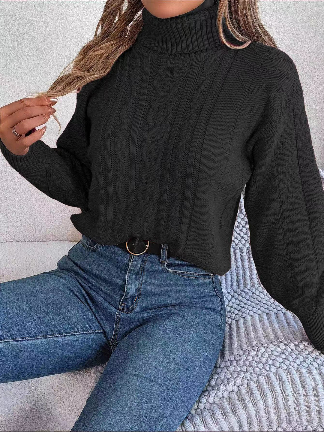Lune London | Women's Cozy Knit Sweater with Stand-Up Collar and Cable Pattern