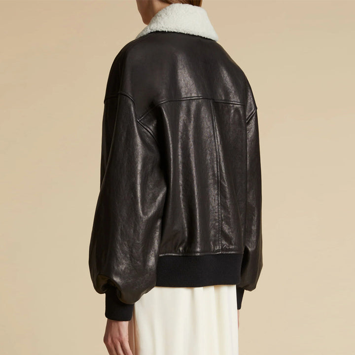 Trendy leather jacket for women with voluminous sleeves and Teddy collar Lune London