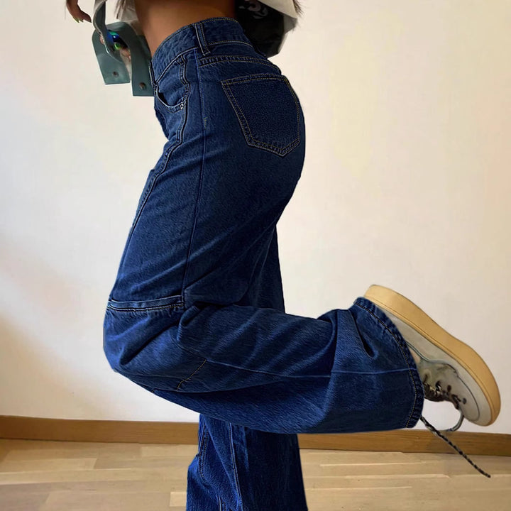 Women High-waisted wide jeans pants with prominent seam panels and utility knee inserts Amarae