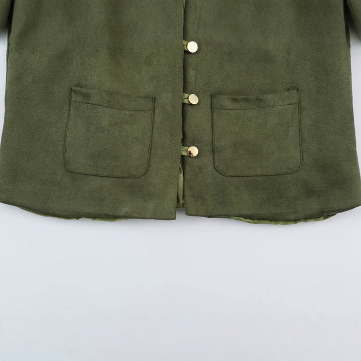 Women's short jacket in Mandarin style made of suede look with patch pockets and decorative buttons Amarae