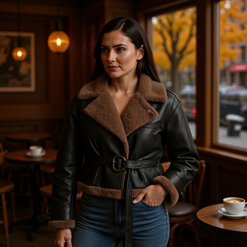 Women Short Sheepskin Imitation Flight Jacket with Waist Belt and Teddy Lining Amarae