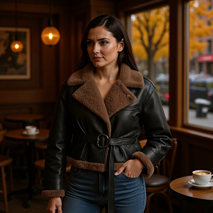 Women Short Sheepskin Imitation Flight Jacket with Waist Belt and Teddy Lining Amarae