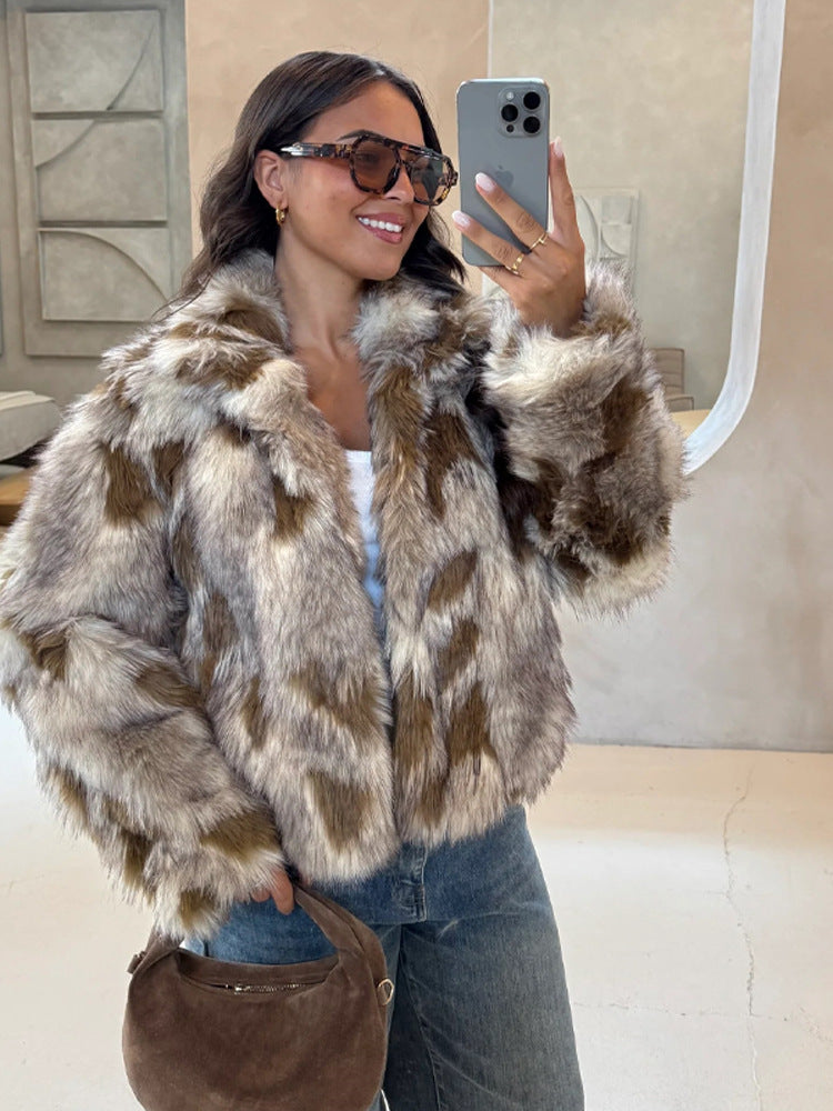 Women's Boxy Short Jacket made of Woven Fur with Natural Fur Look and Wide Shawl Collar Amarae
