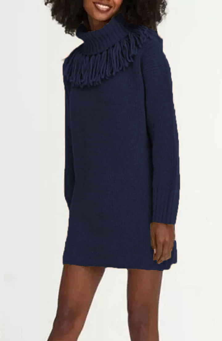 Knitted dress for women with decorative fringe trim and high turtleneck Lune Londonl