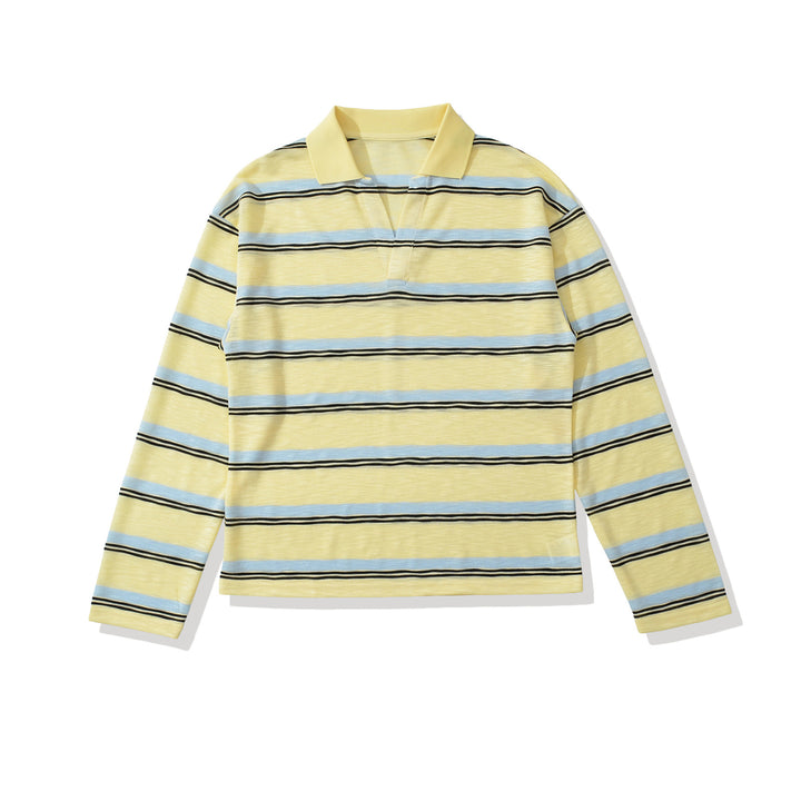 Men's knit polo shirt with open V-neck and fine stripe pattern Amarae