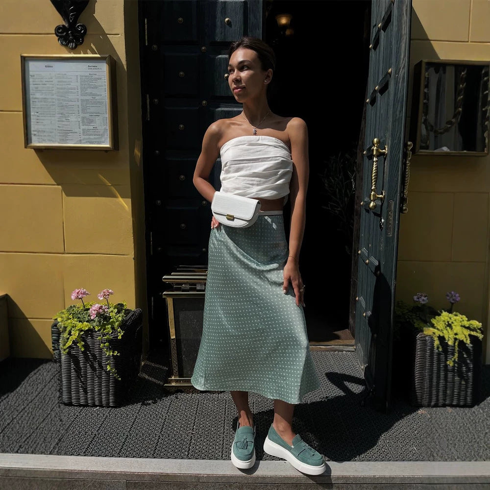 Women's satin midi skirt with polka dot print, tailored fit & flowing bias silhouette Amarae