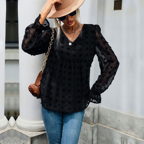 Elegant puff sleeve blouse for women with textured polka dot pattern Amarae