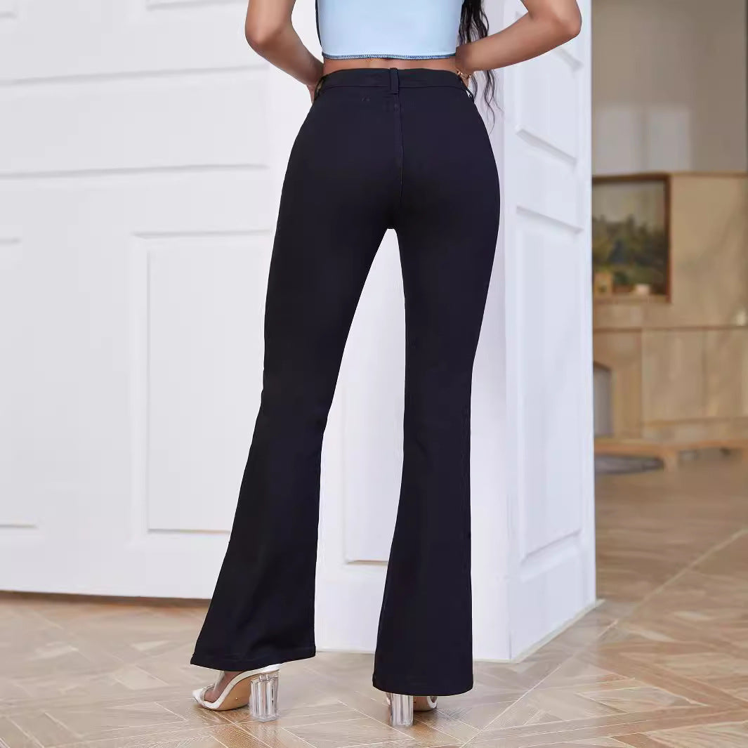Women High-Waist Flared Trousers made of Stretch Denim with Pocket Flaps and Front Slit Amarae
