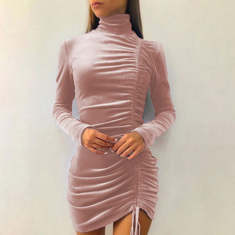 Elegant velvet mini dress for women with high collar and refined gathered effect Lune London