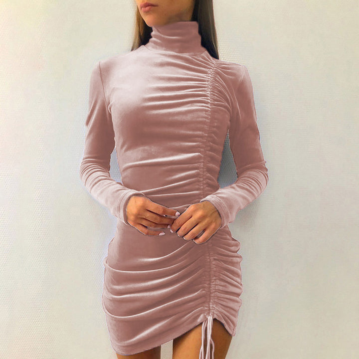 Elegant velvet mini dress for women with high collar and refined gathered effect Lune London