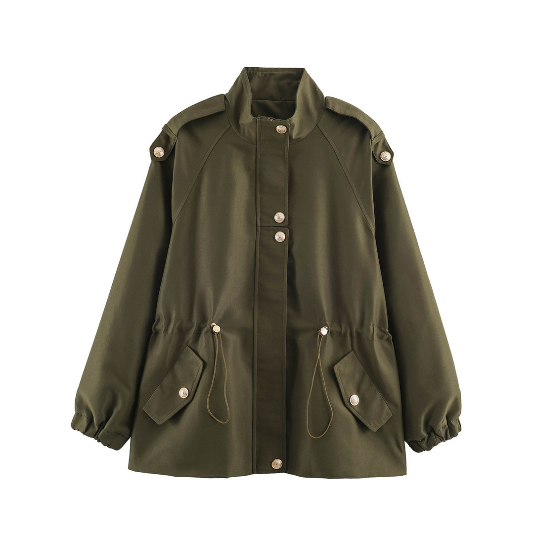 Women's short jacket in utility style with drawstring, raglan sleeves and metal button placket Amarae