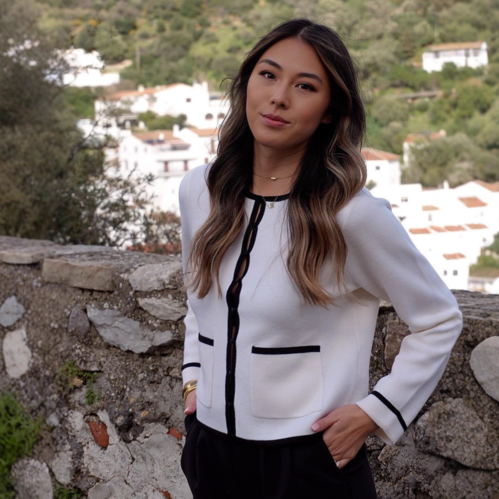 Women Fine Contrast Button Placket Cardigan with Piping and Applied Pockets Amarae