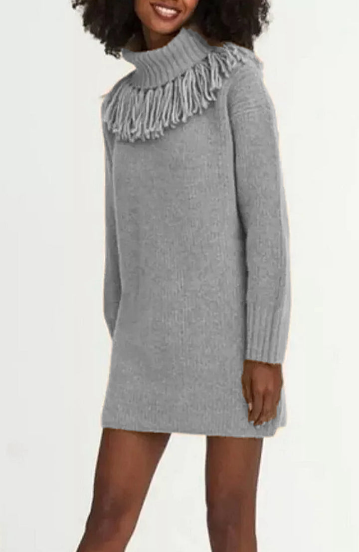 Knitted dress for women with decorative fringe trim and high turtleneck Lune Londonl