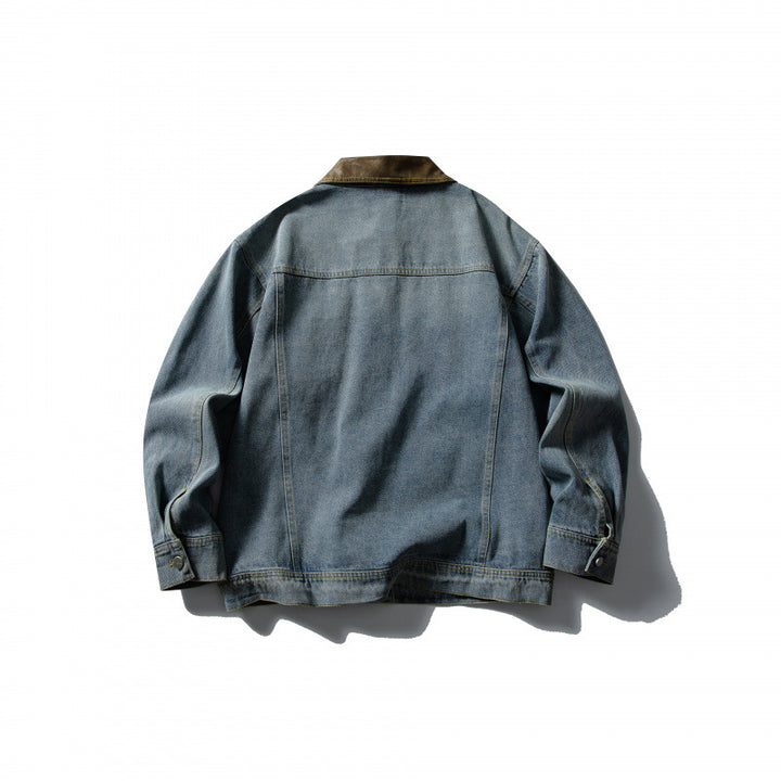 Unisex Boxy Denim Jacket with Leather Collar, Snap Button Placket and Flap Pockets Amarae