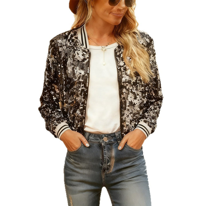 Women's Glittering Sequined Bomber Jacket with Contrasting Stripes Lune London