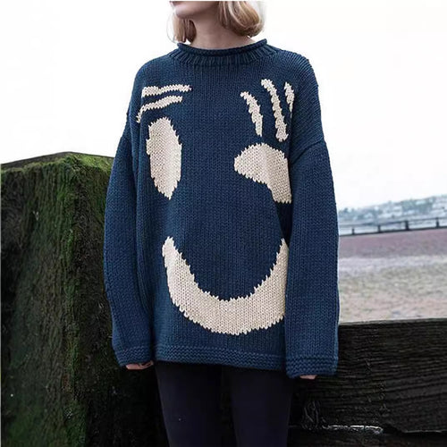 Chunky knit sweater for women with creative Smiley pattern Amarae