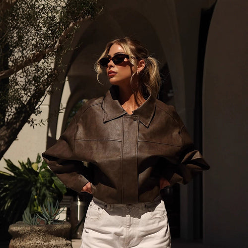 Women Boxy Cropped Faux Leather Blouson with Oversized Shoulder Amarae