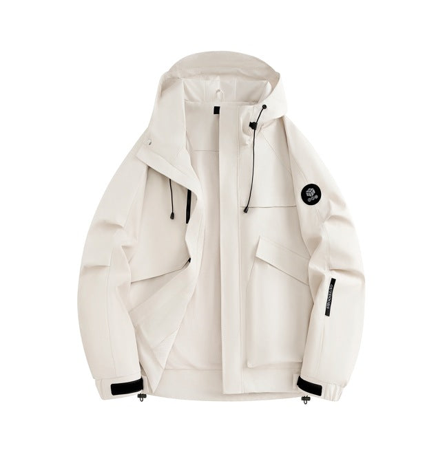 Functional waterproof jacket for men with adjustable hood and numerous pockets Lune London