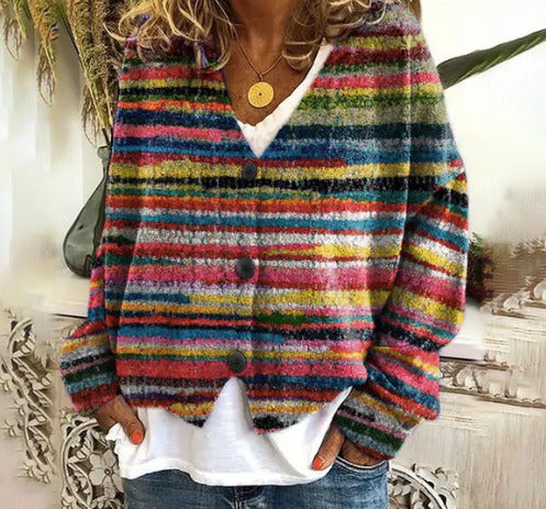 Cardigan tricoté décontracté pour femmes avec des rayures colorées et des détails de boutons Chic & Stil