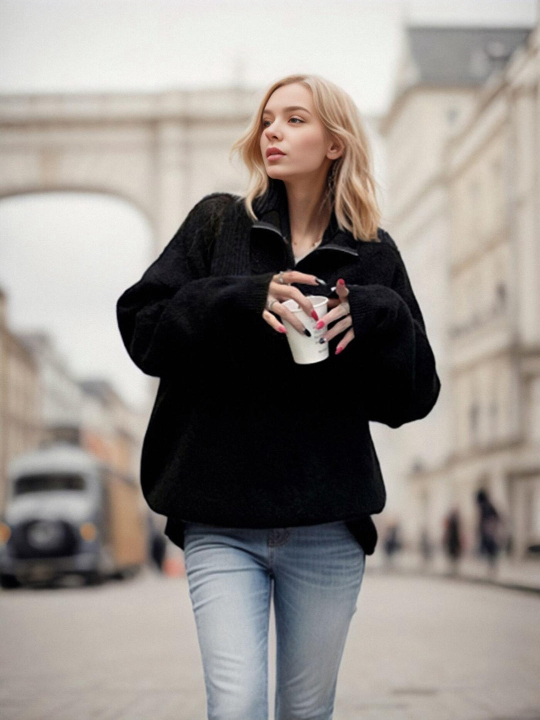 Soft half-zip pullover for women with relaxed fit and elegant embroidery Lune London