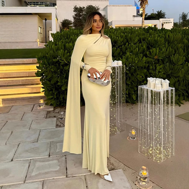 Women's Tailored Maxi Dress with Asymmetric Cape and High Collar Amarae