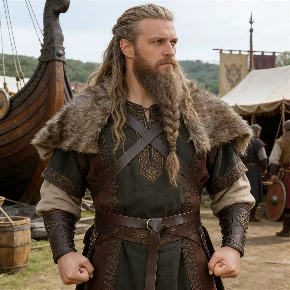 Men's shoulder cape made of faux fur with buckle closure and rustic Viking look Amarae