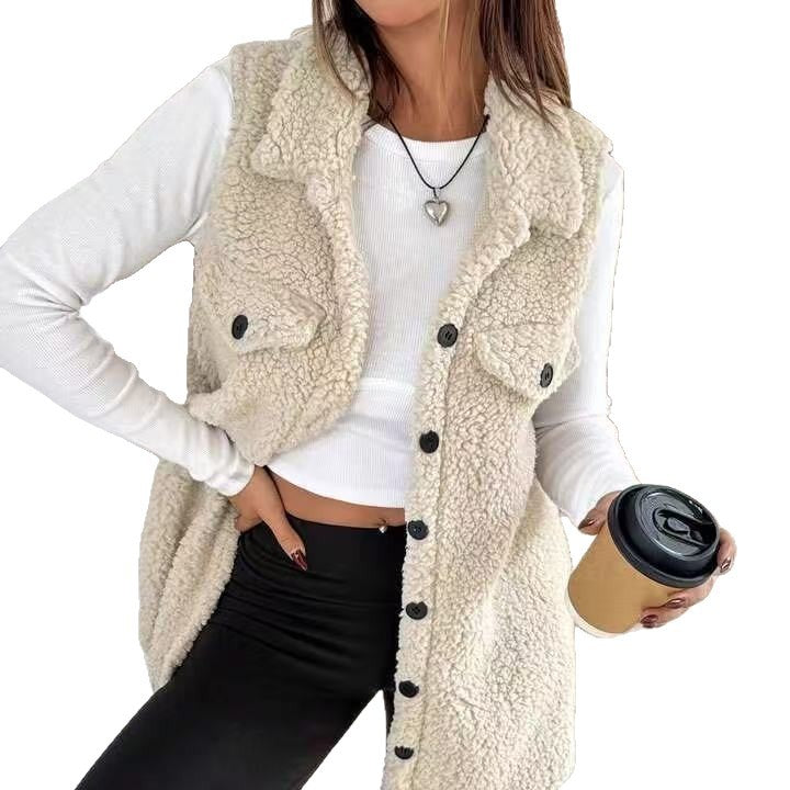 Ladies Plush Vest with Chic Pockets and Style
