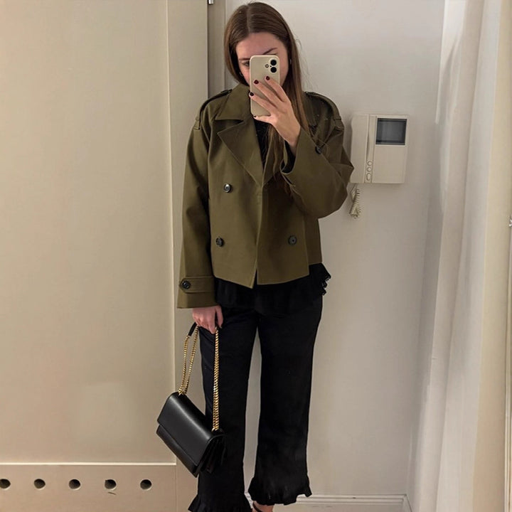 Women's Cropped Double-Breasted Trench Coat with Boxy Silhouette and Patch Pockets Amarae