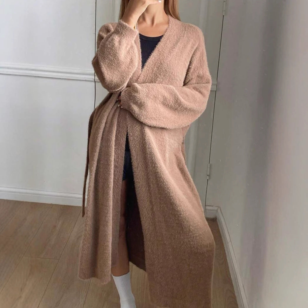 Ladies Long, soft cardigan with tie belt and V-neck Lune London