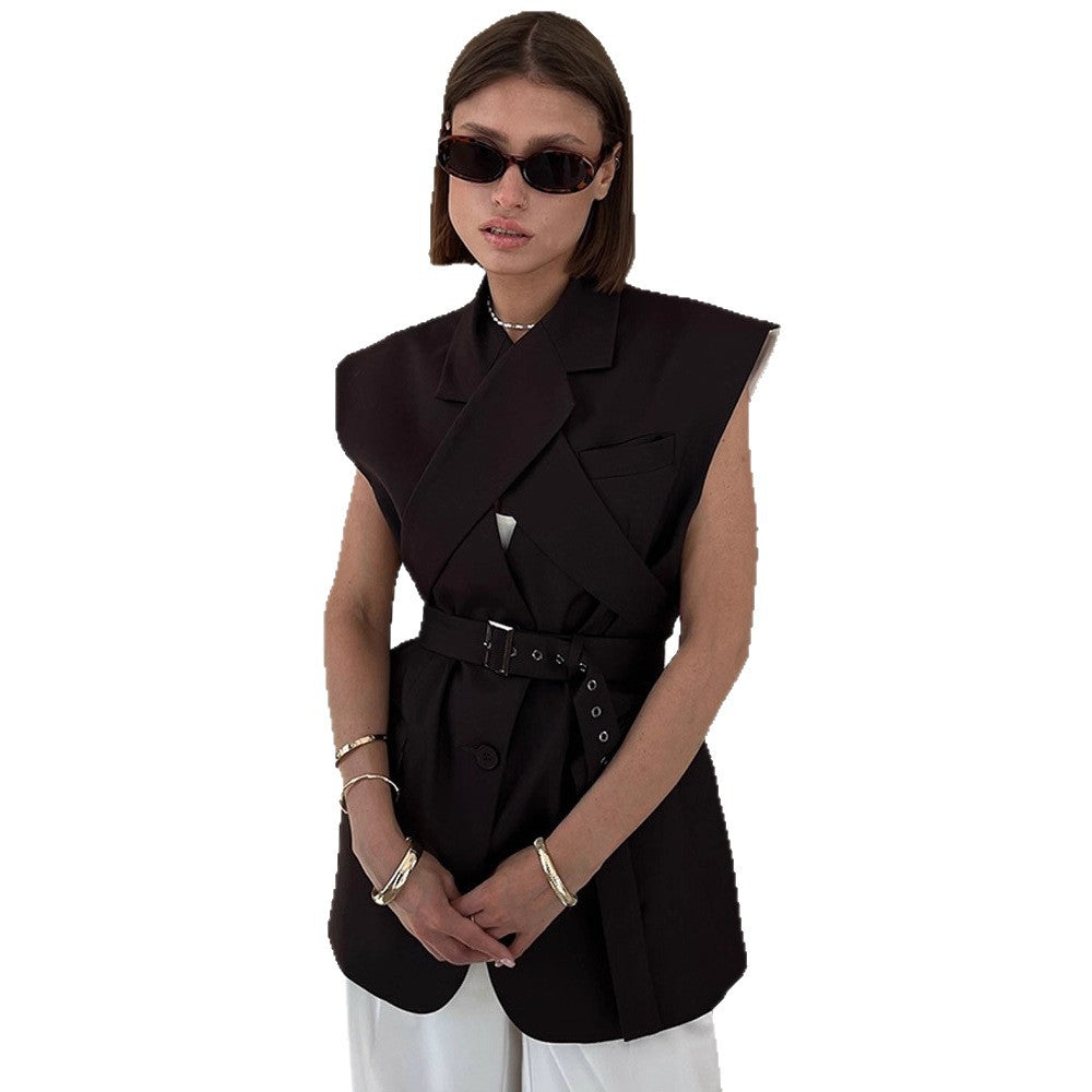 Women Sleeveless Long Blazer Vest with Structured Shoulders and Long Ties Amarae
