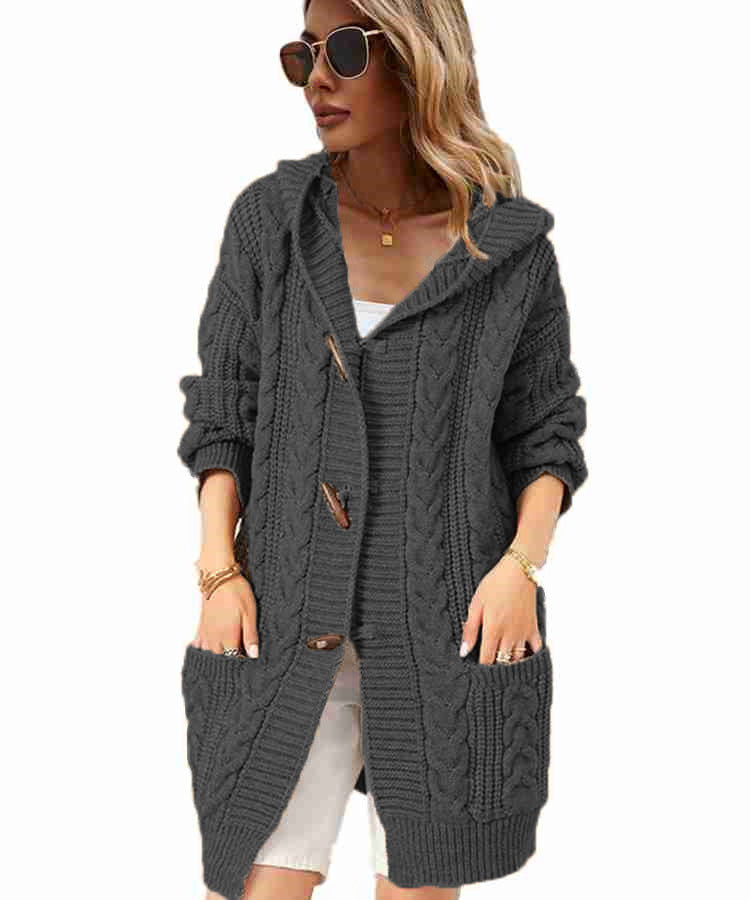 Wool coat for women with hood and artistic cable knit pattern Lune London