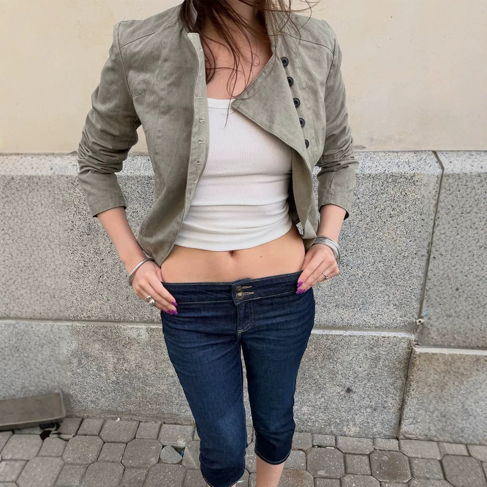 Women Asymmetrical Short Jacket with Double Decorative Button Placket and Stand Collar Amarae