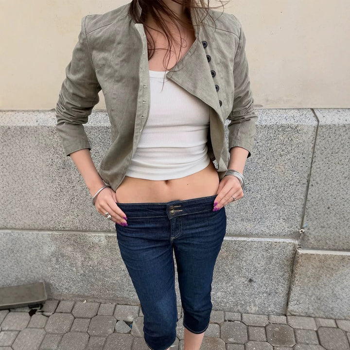 Women Asymmetrical Short Jacket with Double Decorative Button Placket and Stand Collar Amarae