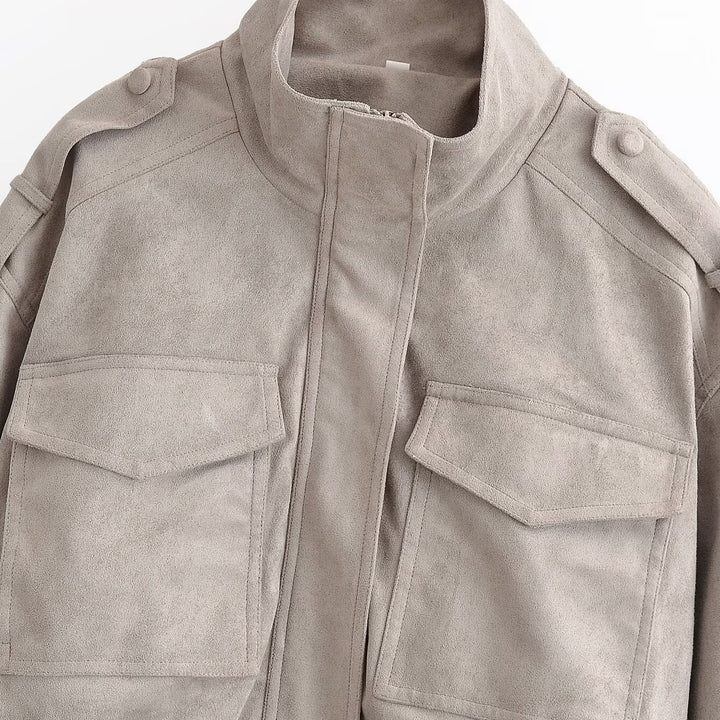 Ladies short blouson in field style made of suede-like material with stand-up collar, shoulder straps and wide ribbed waistband Amarae