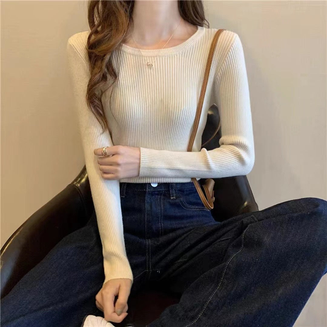 Pull en tricot côtelé ajusté pour femmes avec col rond