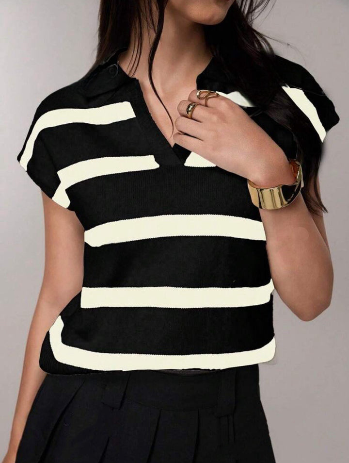 Women Short striped short sleeve sweater with polo collar Lune London