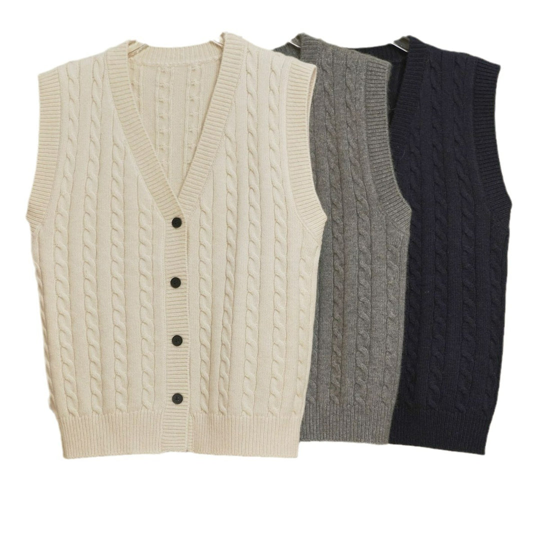 Women's chunky knit cable vest with deep V-neck and button placket Amarae