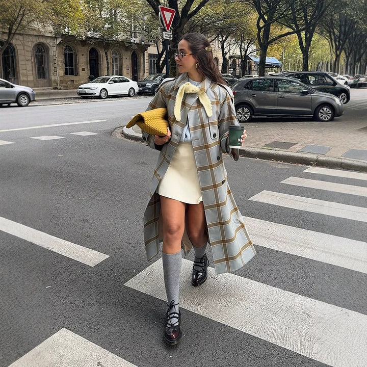 Women's long checkered coat in trench coat style with double button placket Amarae