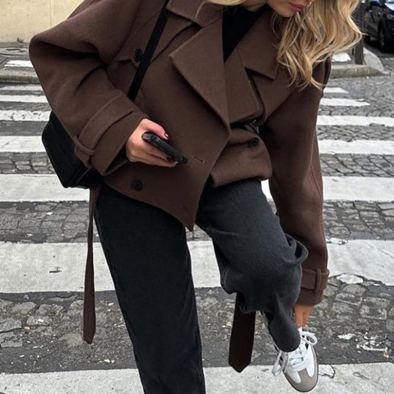 Women's short caban coat in cropped look with oversized sleeves and tie belt Amarae