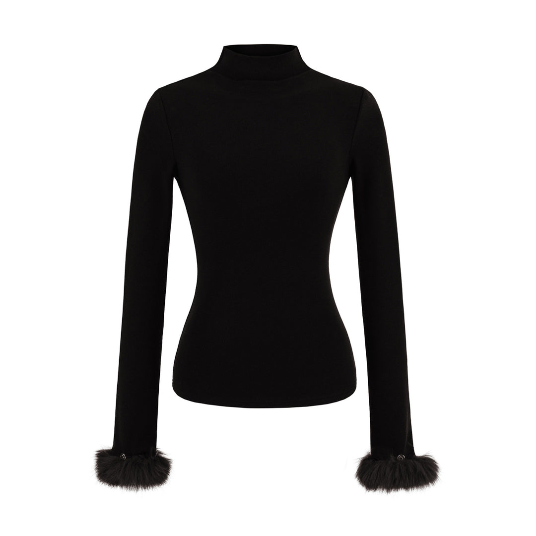 Women's Fitted Turtleneck Top with Faux Fur Cuffs Amarae