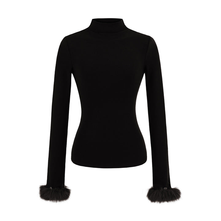 Women's Fitted Turtleneck Top with Faux Fur Cuffs Amarae
