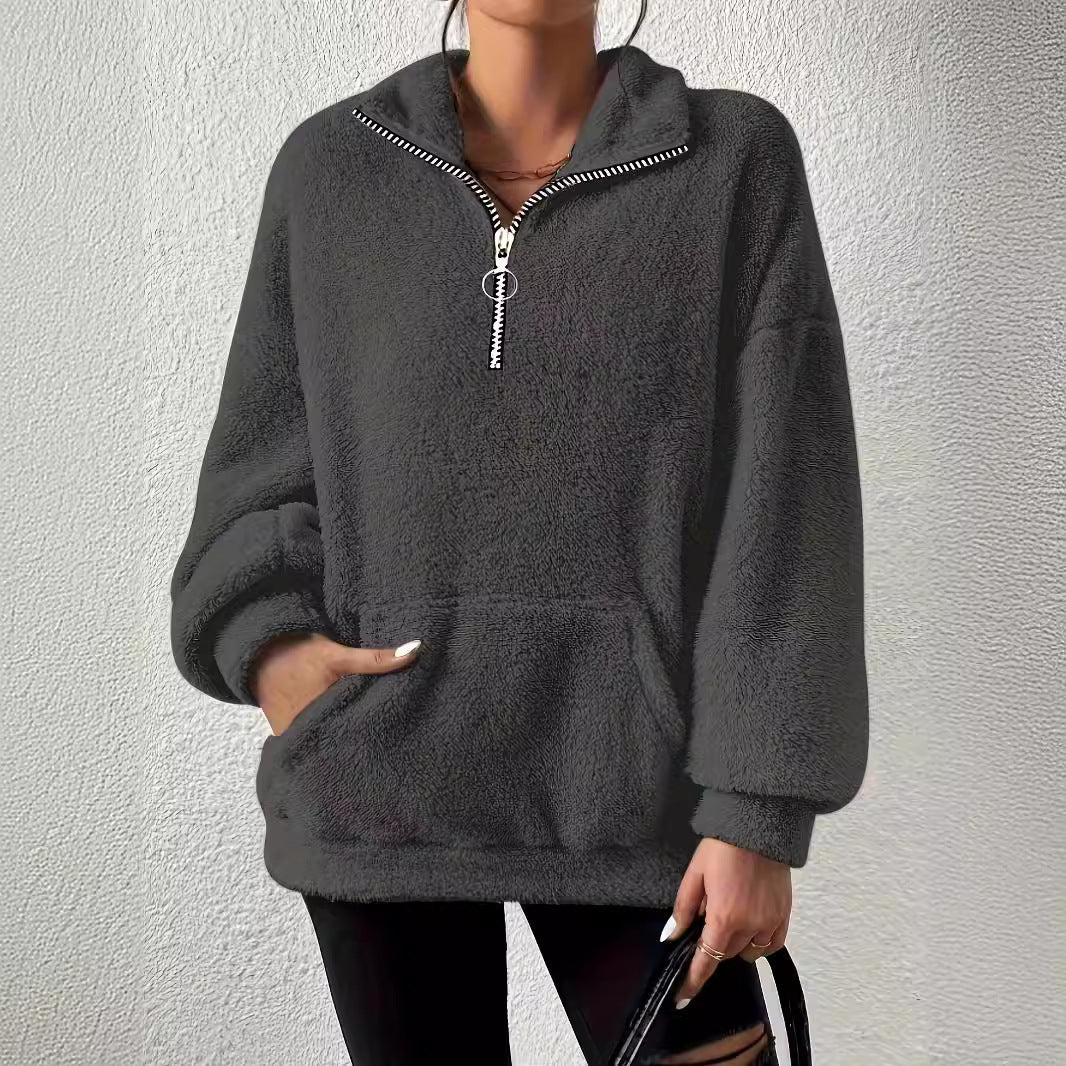 Women's Cozy Fleece Pullover with Half Zipper and Side Pockets Lune London