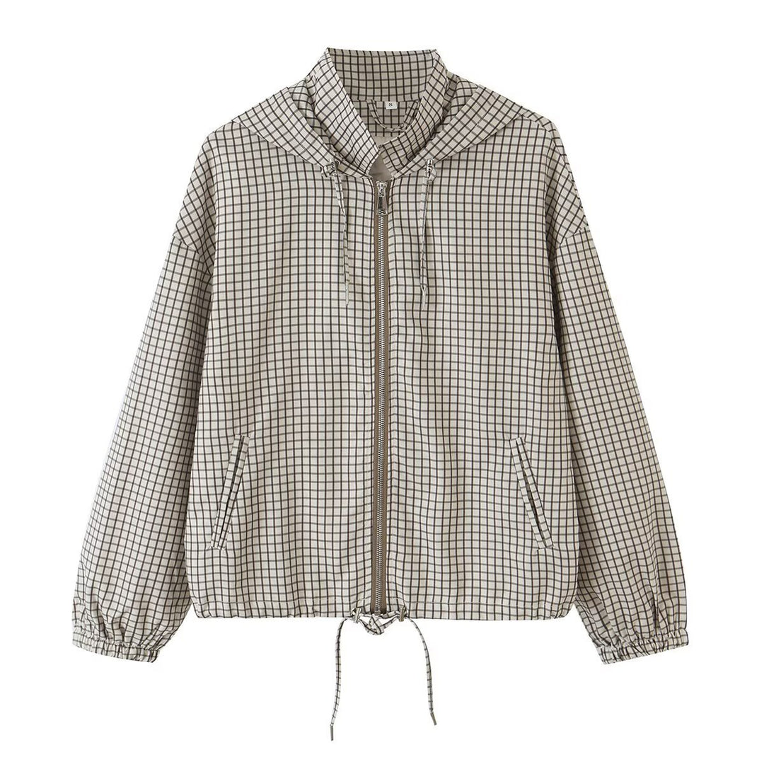 Women Lightweight Hooded Boxy Transitional Jacket with Check Grid Print, Drawstring and Elastic Cuffs Amarae